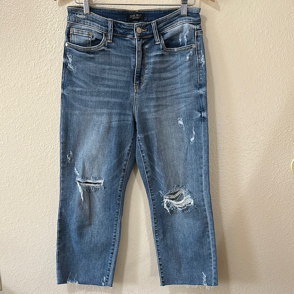 Judy Blue Cropped Wide Leg Blue Jeans with Distressing
